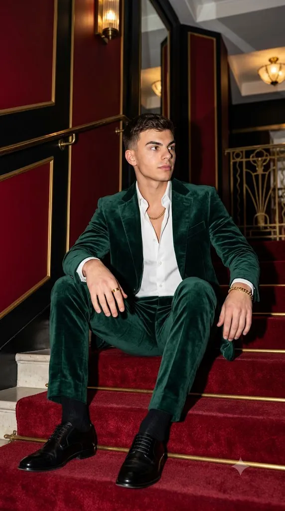 4K Cinematic Emerald Velvet Suit Editorial Portrait Prompt