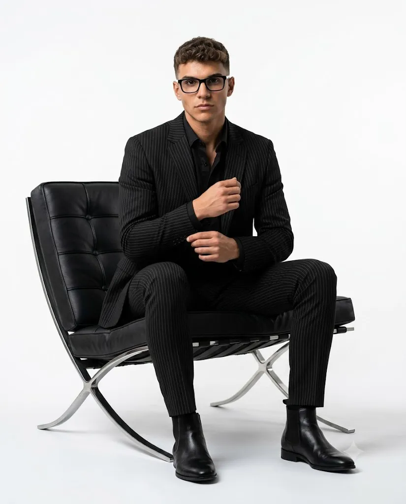 Black Pinstripe Studio Portrait Prompt