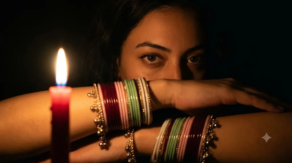 Candlelit Gaze Behind Bangles Prompt