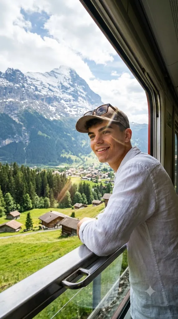 Cinematic Alpine Train Journey Travel Portrait Prompt