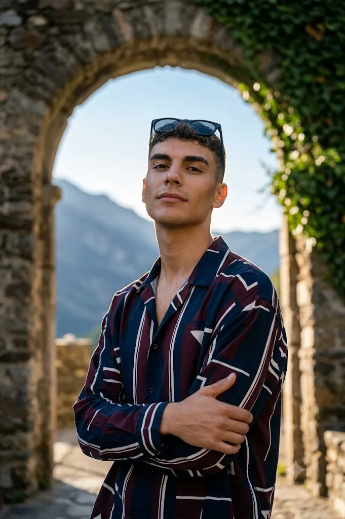 Cinematic Andorra Stone Archway Portrait AI Prompt