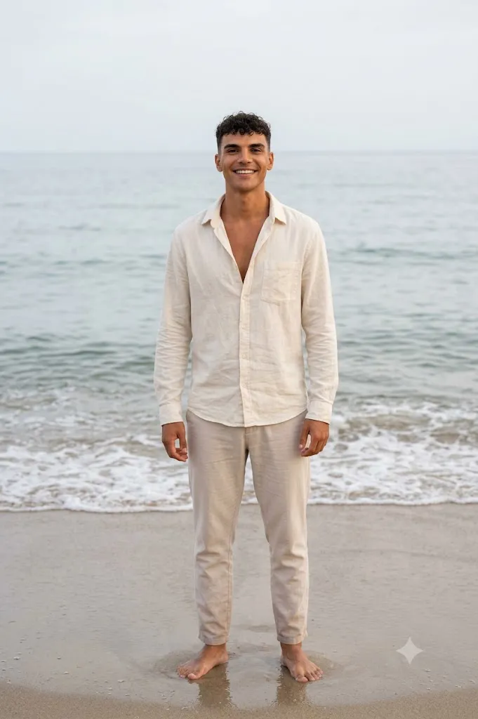 Cinematic Barefoot Beach Portrait Prompt