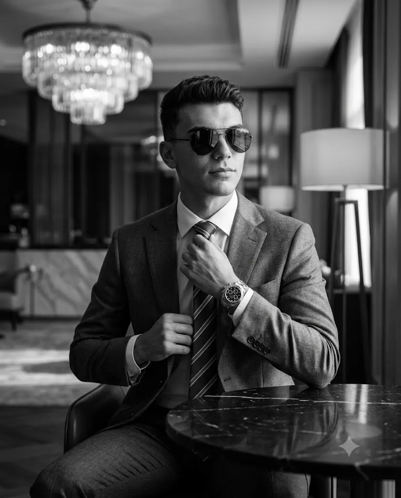 Cinematic Black & White Luxury Suit Editorial Portrait Prompt