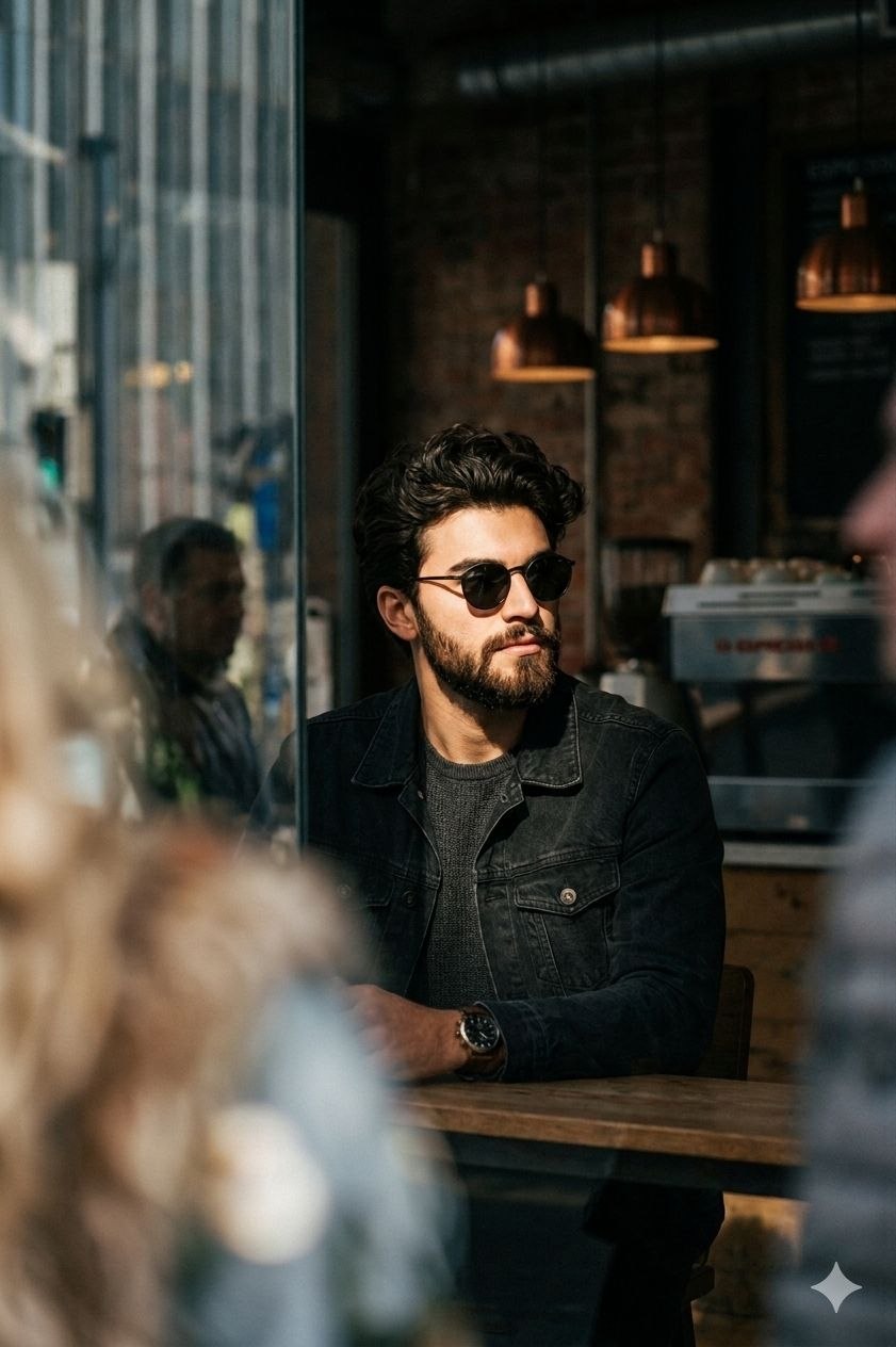 Cinematic Café Portrait in Golden Shadows