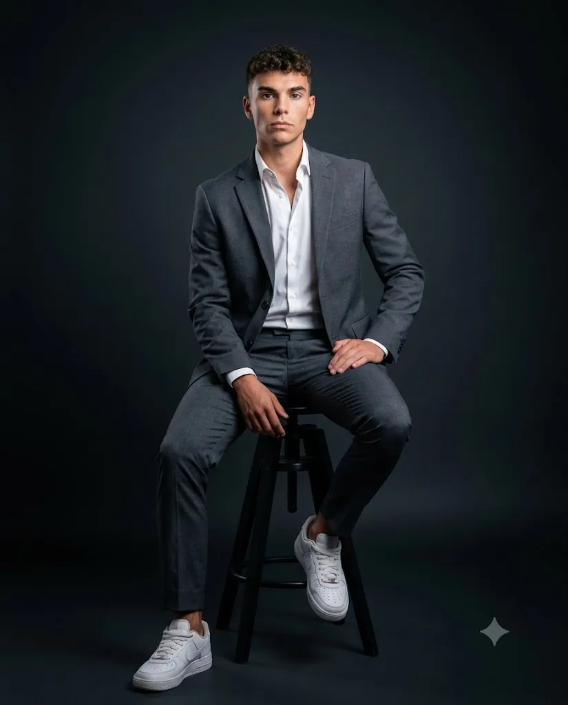 Cinematic Charcoal Suit Studio Editorial Portrait Prompt