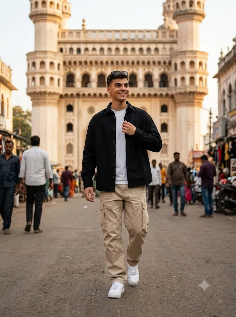 Cinematic Charminar Street Style Portrait Prompt