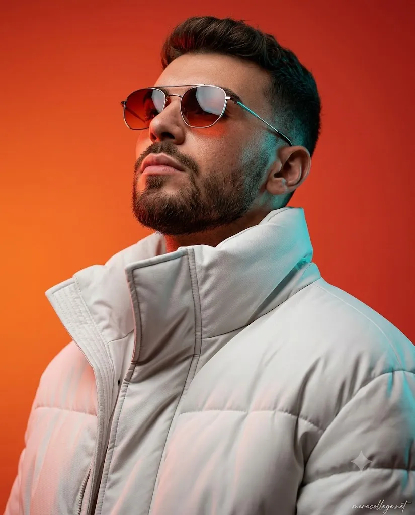 Cinematic Dual-Light White Puffer Jacket Portrait AI Prompt