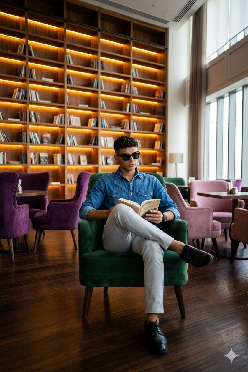 Cinematic Luxury Library Café Portrait