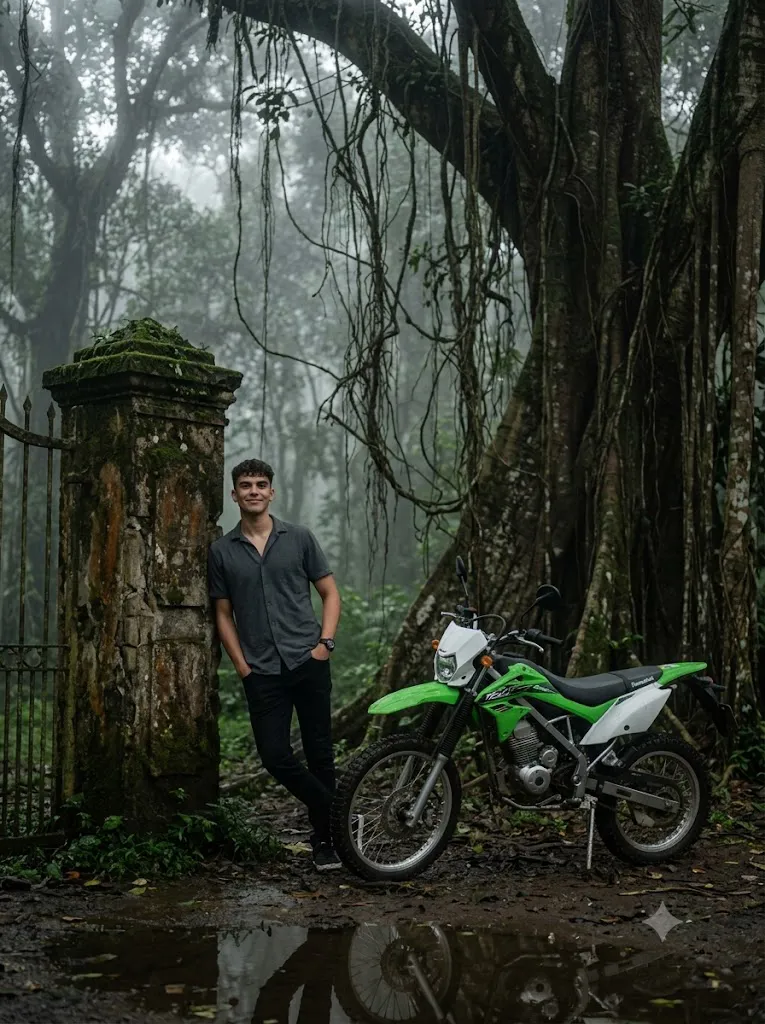 Cinematic Misty Jungle Dirt Bike Portrait Prompt