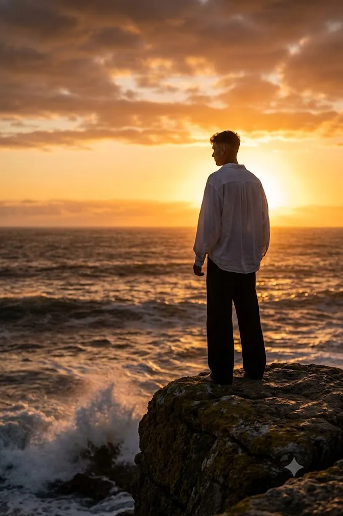 Cinematic Ocean Sunset Cliff Portrait Prompt