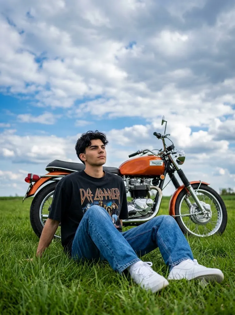 Cinematic Open Sky Classic Motorcycle Portrait Prompt