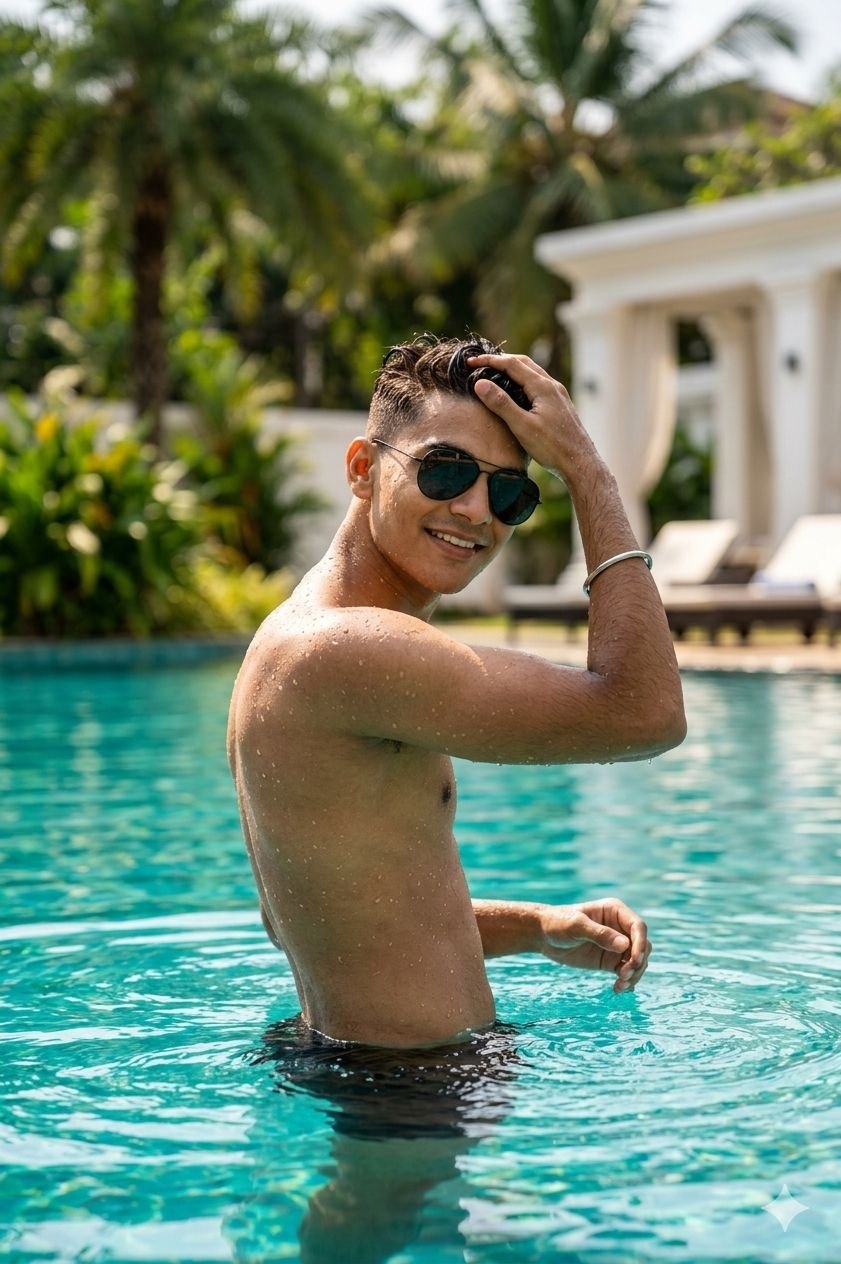 Cinematic Poolside Portrait in Golden Sunlight