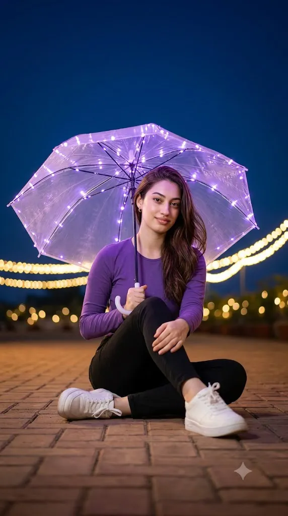 Cinematic Purple LED Umbrella Night Portrait Prompt