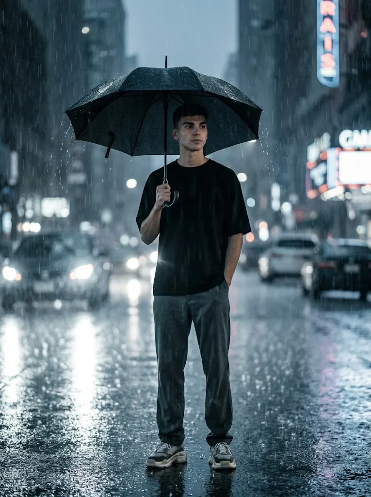 Cinematic Rain-Soaked City Street Portrait Prompt