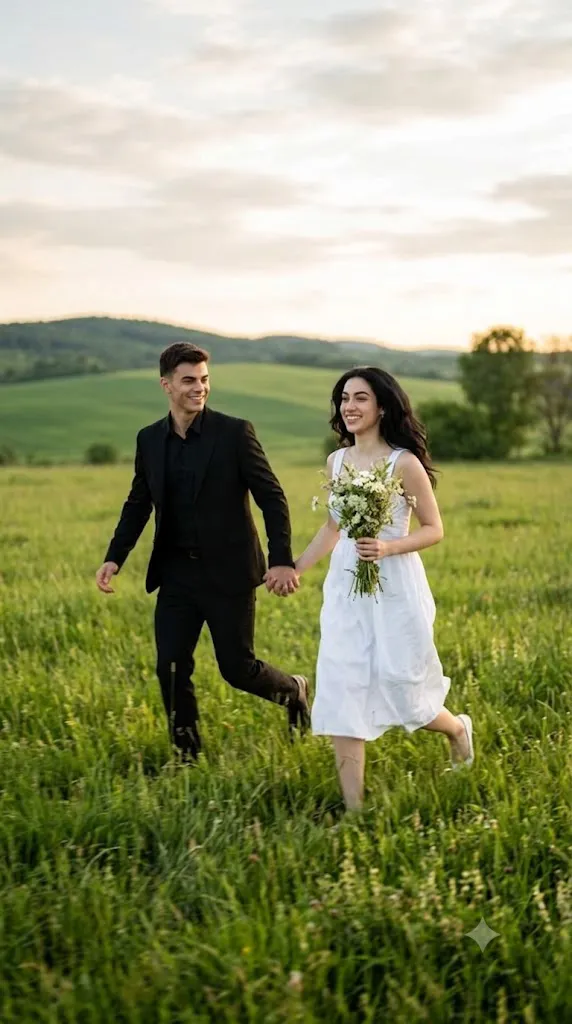 Cinematic Romantic Couple Running Wedding Portrait Prompt