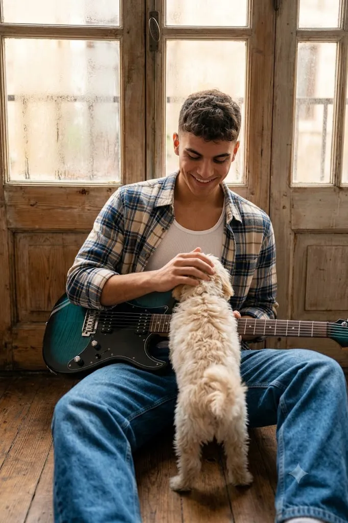 Cinematic Rustic Guitarist & Puppy Lifestyle Portrait Prompt