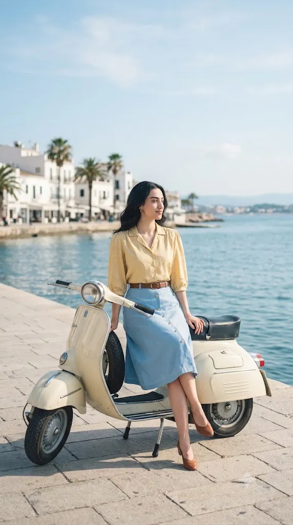 Cinematic Seaside Vespa Lifestyle Portrait Prompt