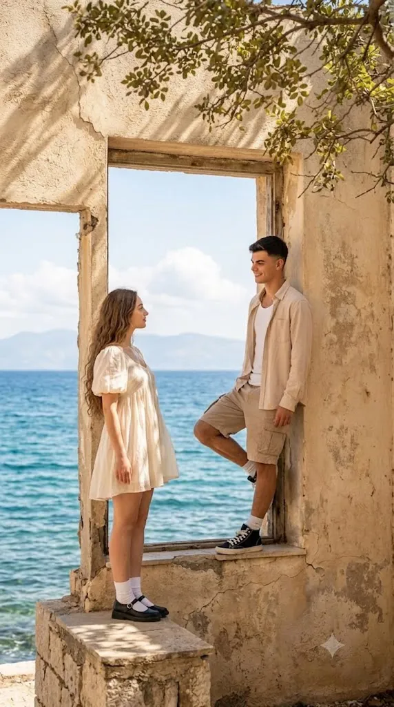 Cinematic Seaside Window Romance Portrait Prompt