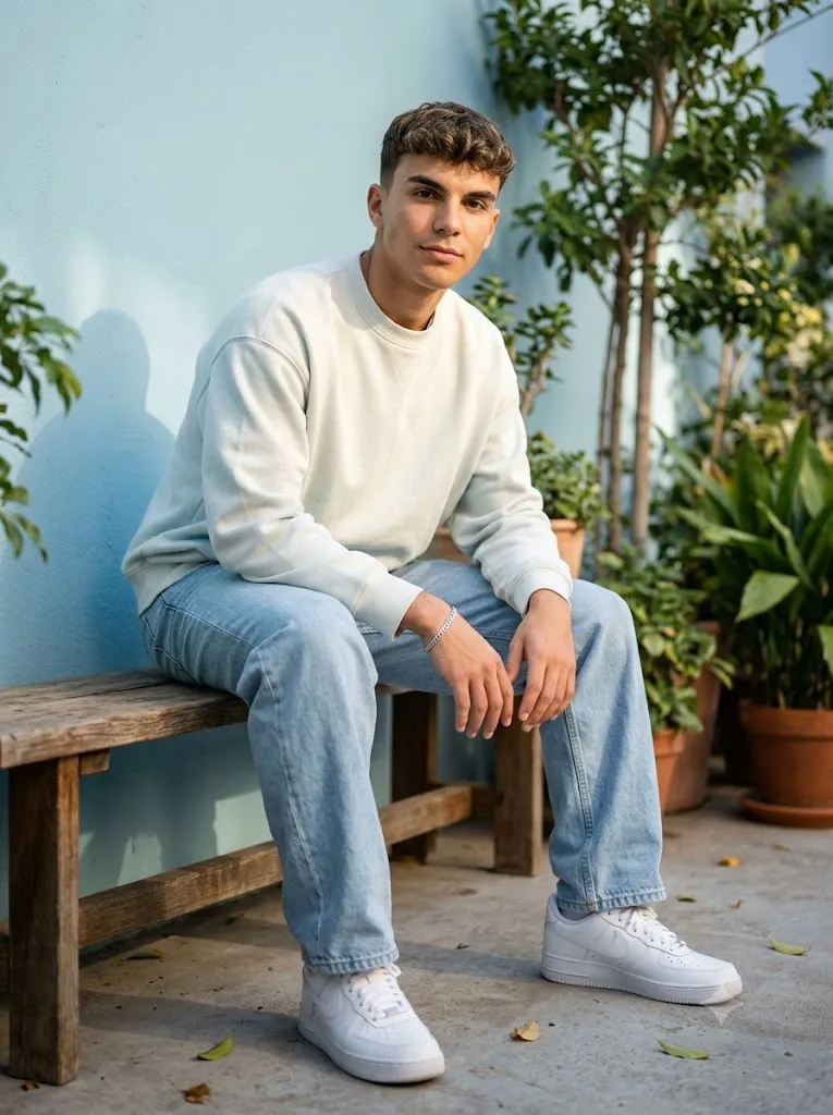 Cinematic Sunlit Blue Wall Lifestyle Editorial Portrait Prompt