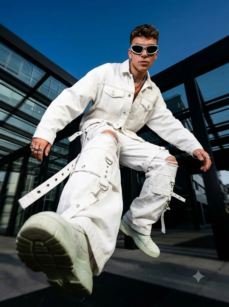 Cinematic Urban Jump Fashion Editorial Portrait Prompt