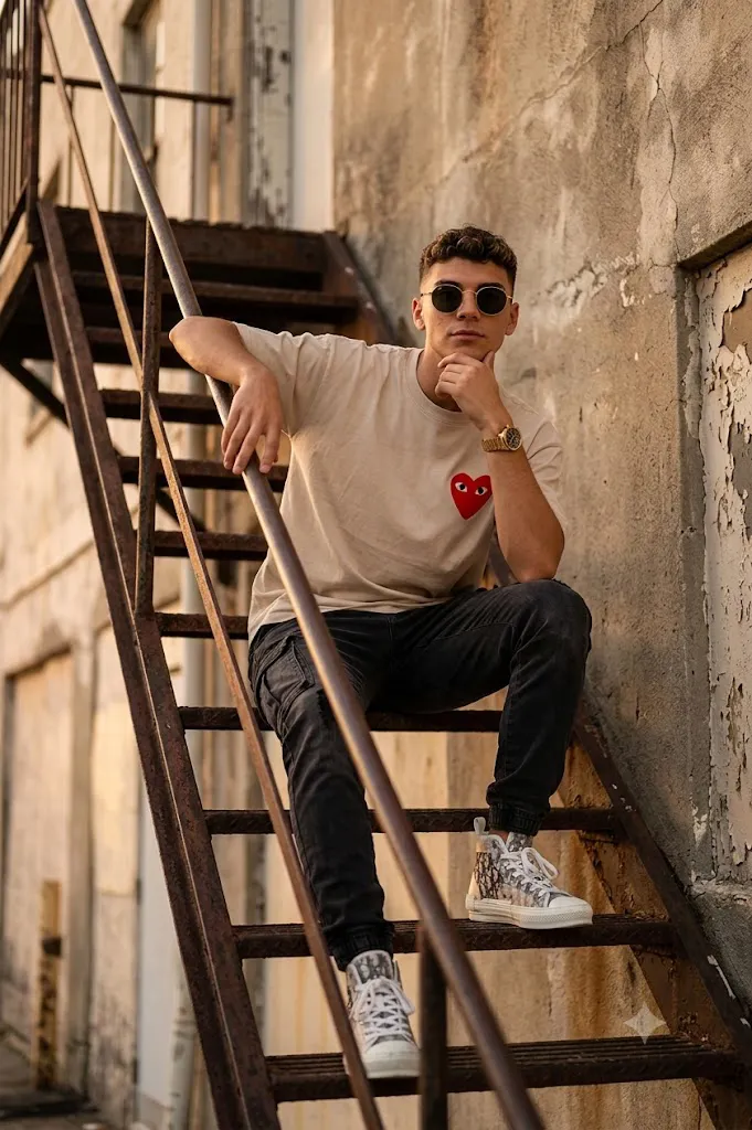 Cinematic Urban Staircase Fashion Portrait Prompt