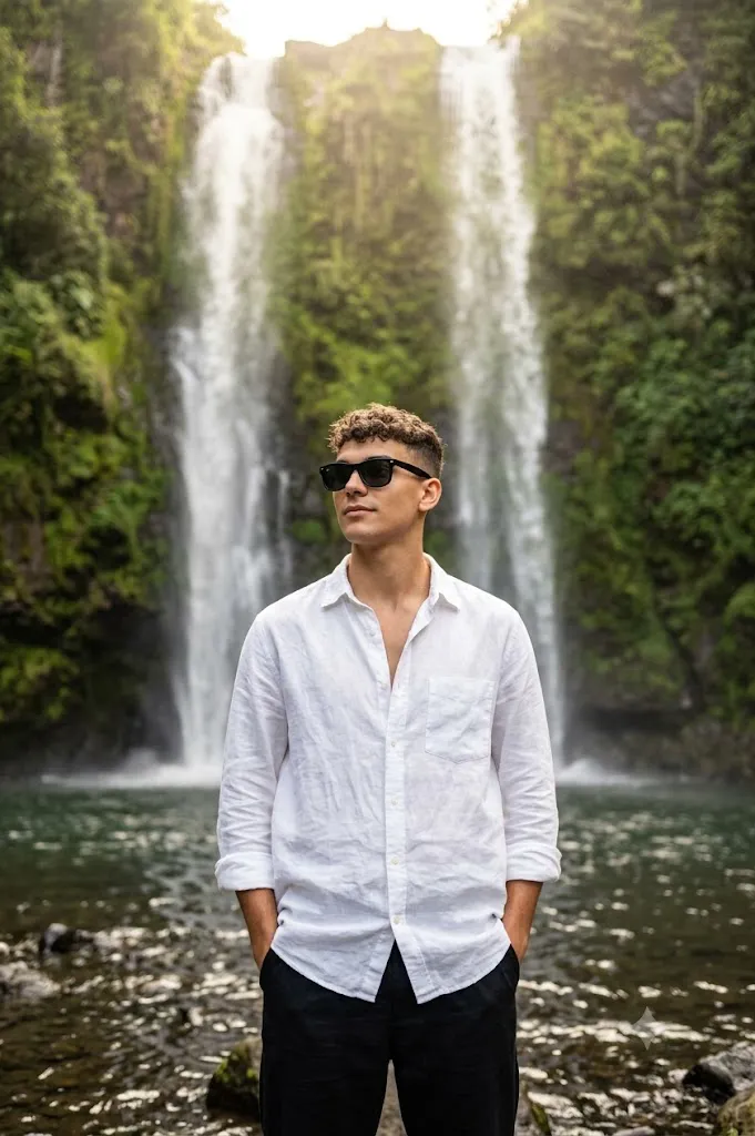 Cinematic Waterfall Explorer Portrait Prompt