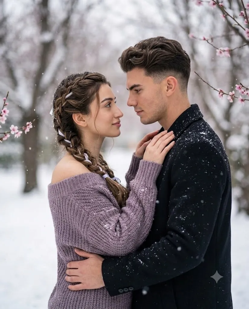 Cinematic Winter Romance Couple Portrait Prompt