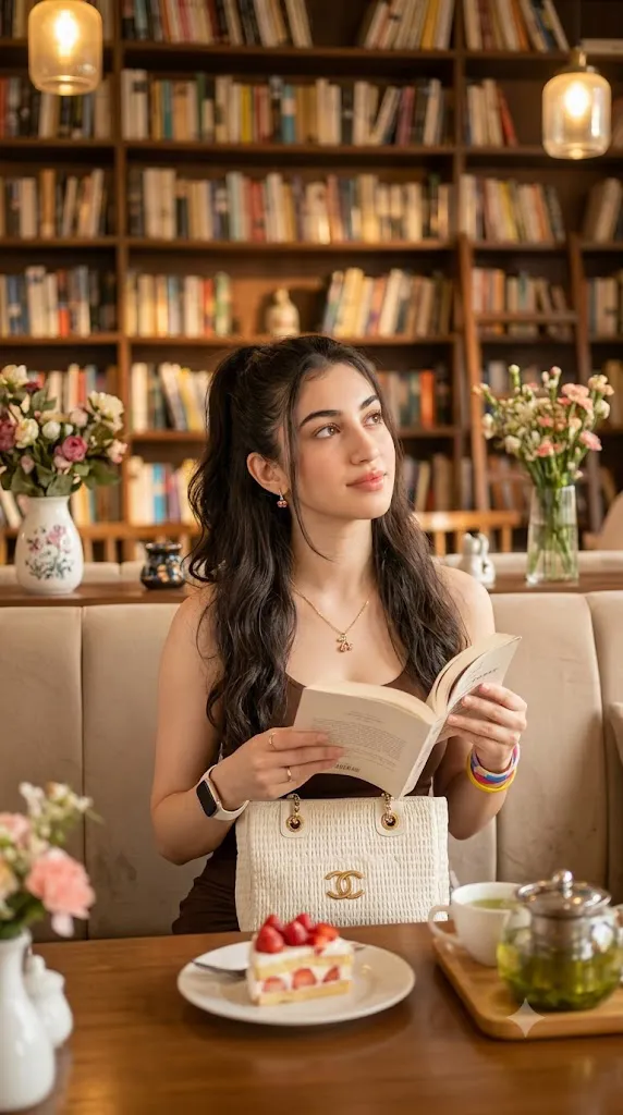 Cozy Café Bookshelf Reading Girl Lifestyle Portrait Prompt