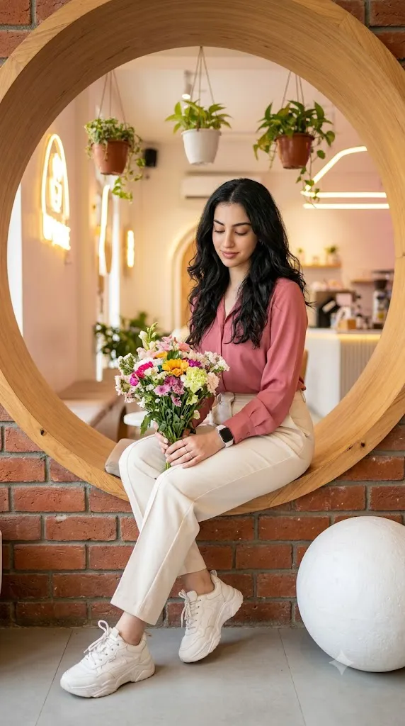 Cozy Café Floral Lifestyle Portrait Prompt
