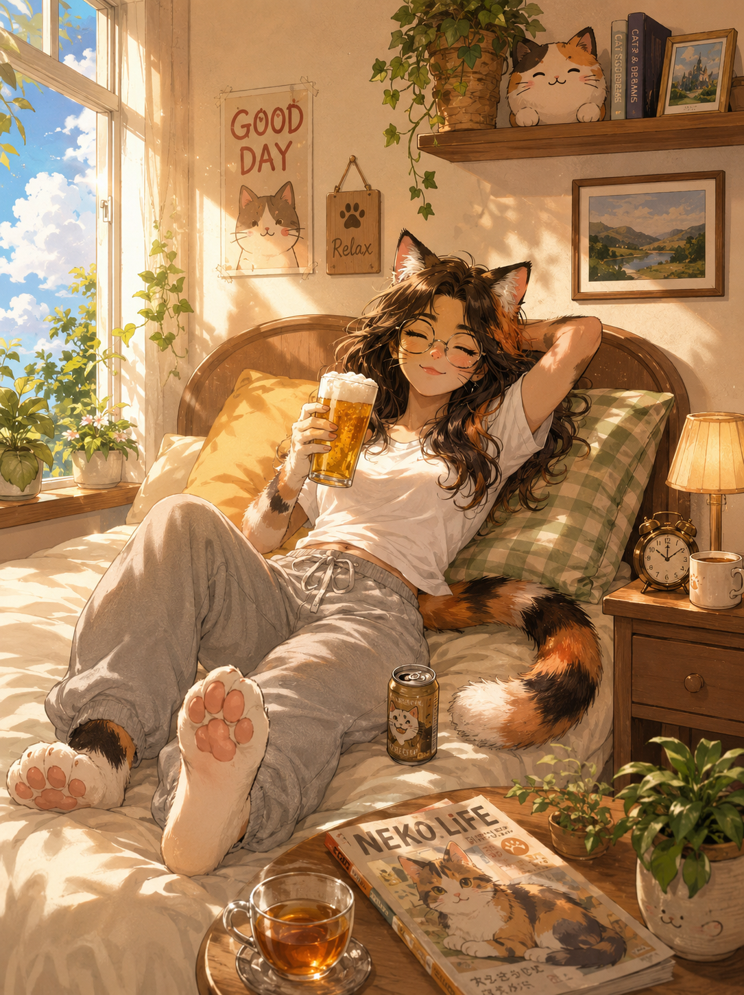 Cozy Cat-Girl Lounging In Sunlight Prompt