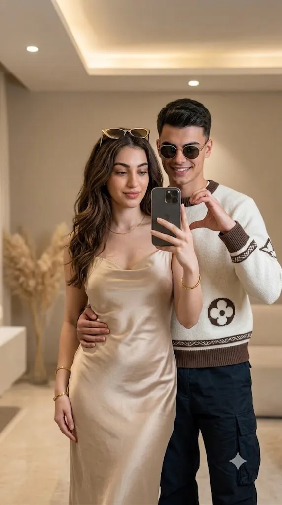 Cozy Couple Selfie In Warm Tones Portrait Prompt