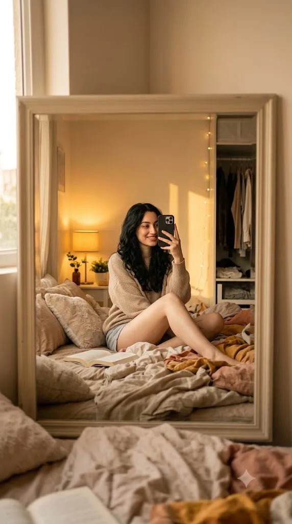 Cozy Golden Hour Bedroom Mirror Selfie Portrait Prompt