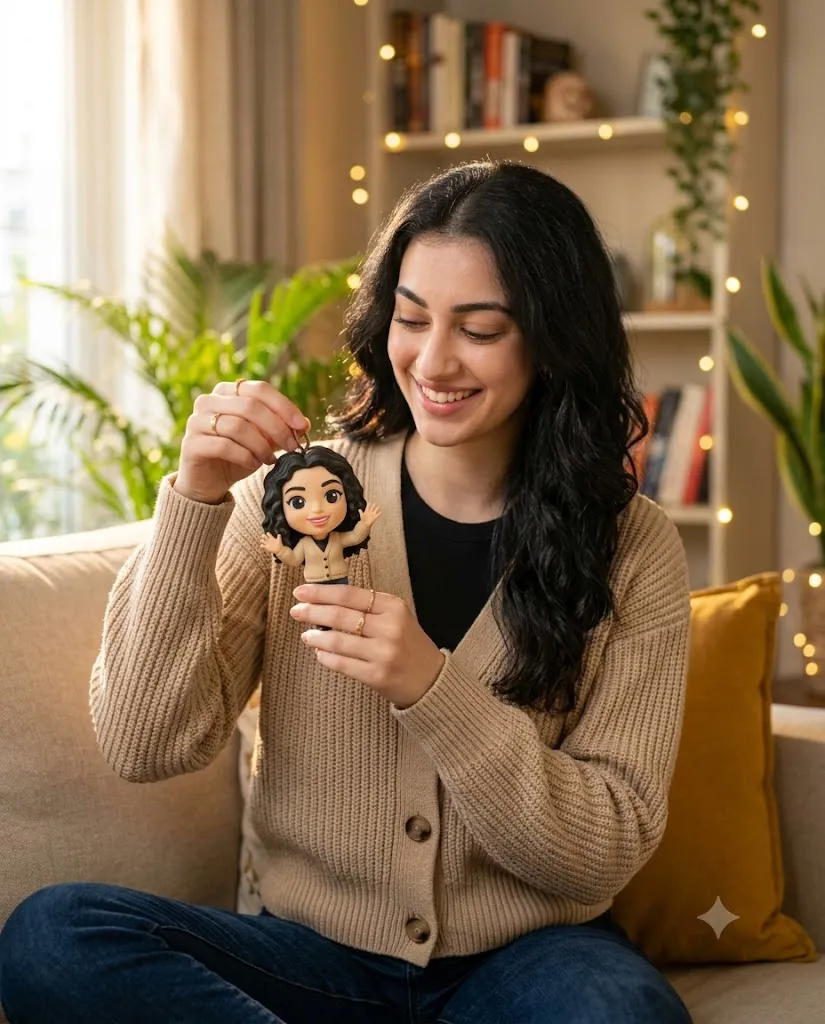 Cozy Living Room Portrait with Miniature Vinyl Doll Prompt