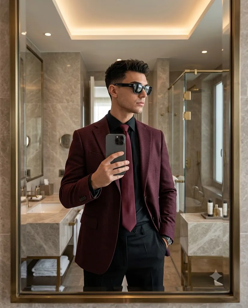Create a Luxury Hotel Mirror Selfie in a Burgundy Blazer
