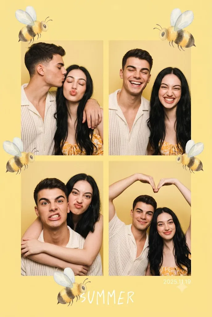 Cute Korean 4-Cut Summer Couple Photo Booth Portrait Prompt