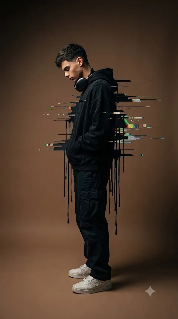 Dark Glitch Streetwear Cinematic Portrait Prompt
