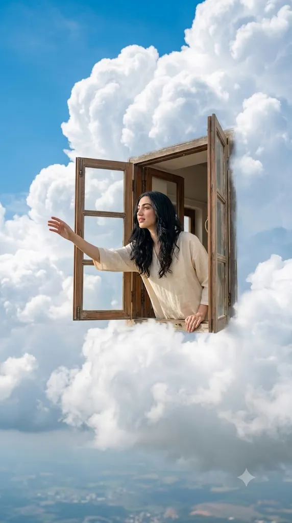 Dreamlike Floating Window in the Clouds Portrait Prompt