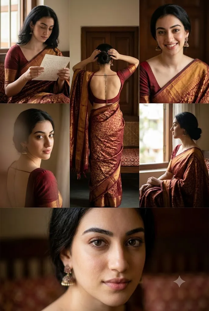 Elegant South Asian Sari Collage Editorial Portrait Prompt