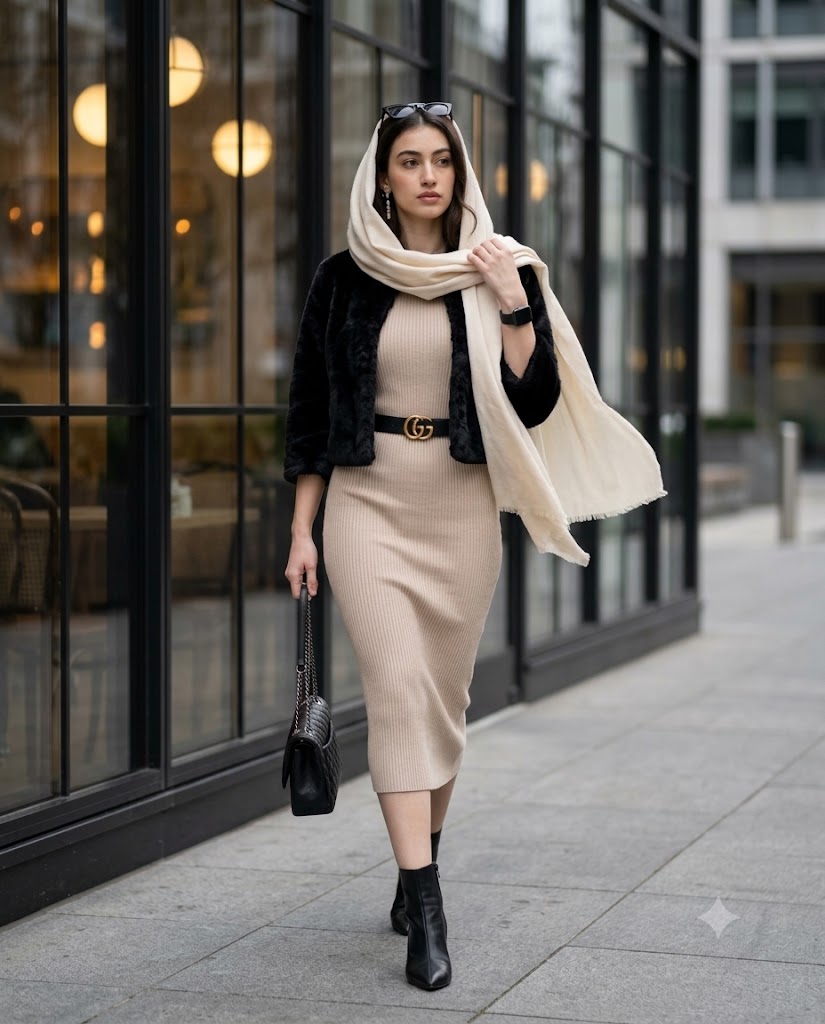Elegant Urban Café Walk Street Style Fashion Portrait Prompt