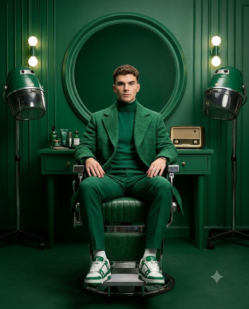 Emerald Monochrome Vintage Barbershop Portrait AI Prompt