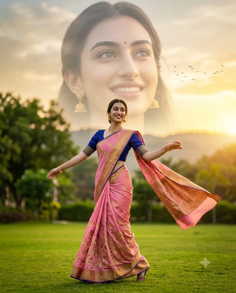 Golden Hour Double Exposure Saree Portrait Prompt