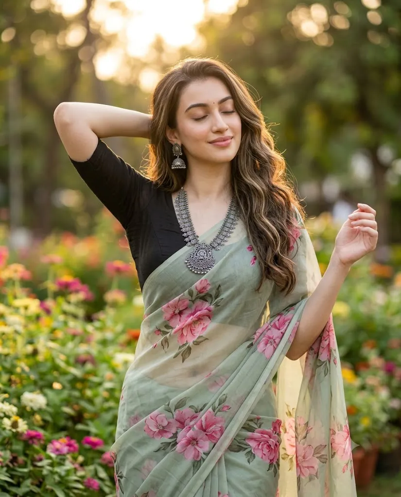 Golden Hour Floral Saree Garden Portrait Prompt