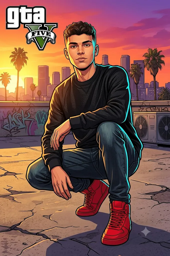 GTA V Style Rooftop Sunset Portrait AI Prompt