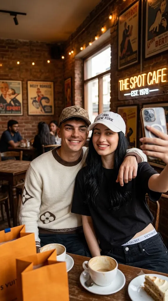 Hyper-Realistic Retro Café Friendship Selfie Portrait Prompt