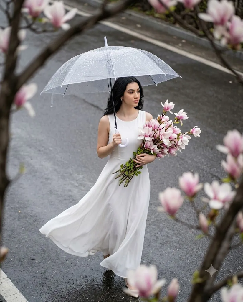 Korean Rainy Day Magnolia Editorial Portrait Prompt