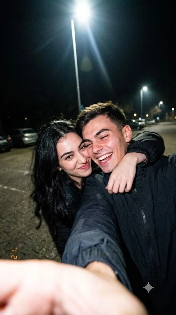 Laughs Under The Streetlight At Night Portrait Prompt