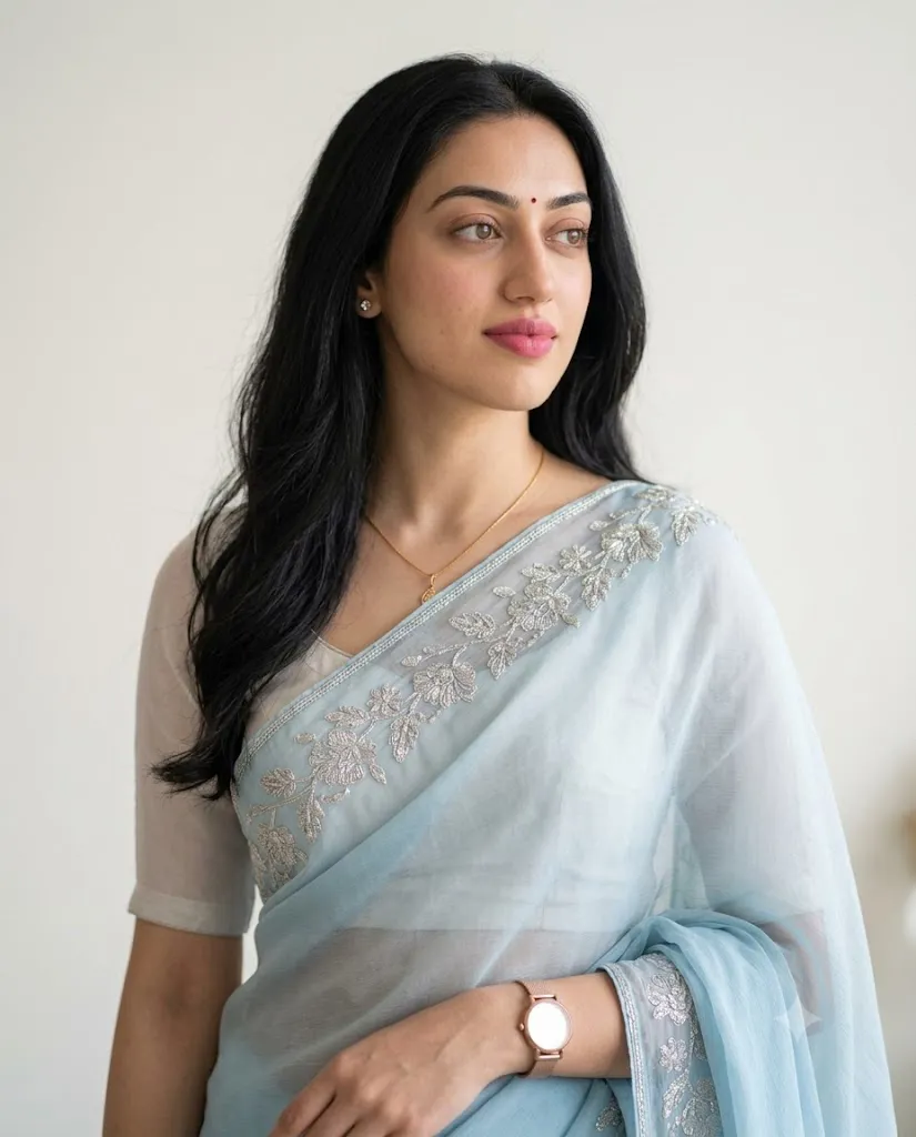 Light Blue Saree Studio Portrait Prompt