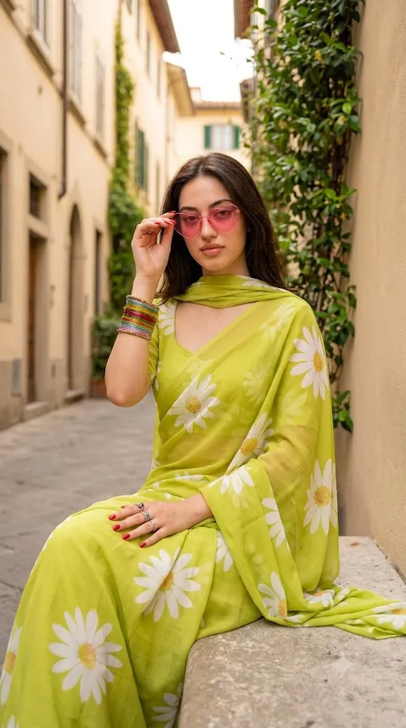 Lime Daisy Saree Alley Portrait Prompt