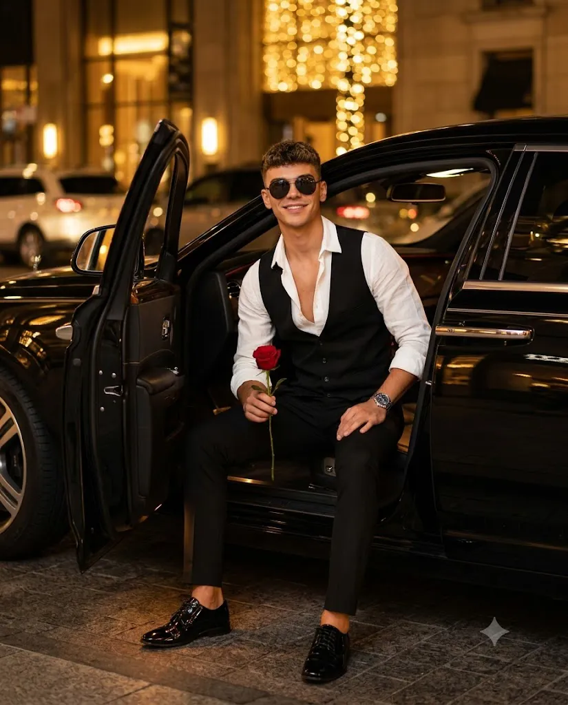 Luxury Black Car Night Portrait with Red Rose AI Prompt