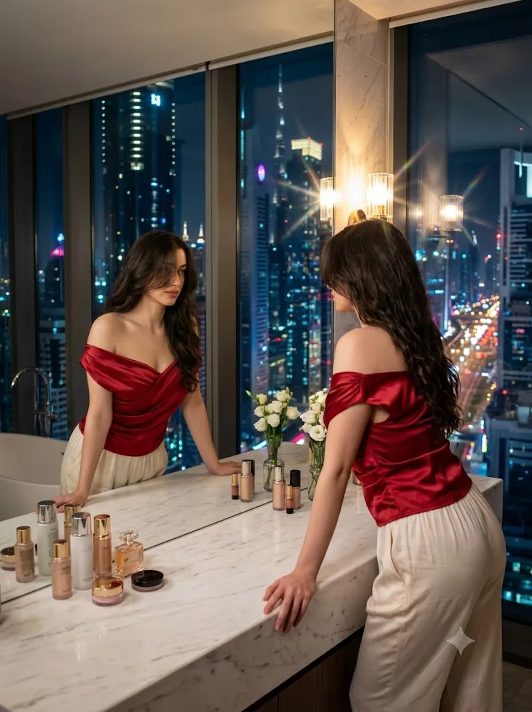 Luxury Penthouse Mirror Reflection Portrait Prompt